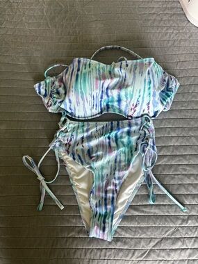 Shade & Shore Pastel Tie-Dye Ruffle Bikini - Aqua, Lavender & Pink